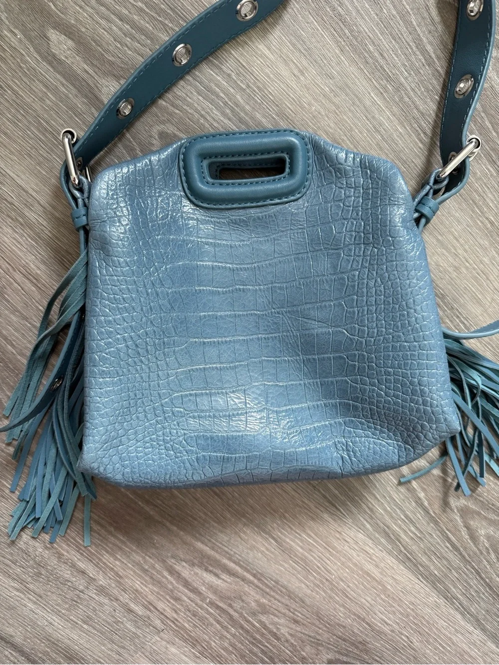 Maje Blue Croc-Embossed Fringe Shoulder Bag